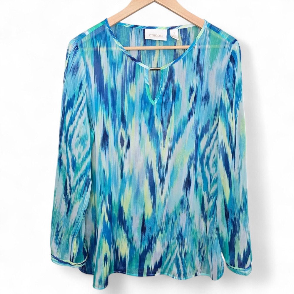 Chicos Top Womens‎ 2 US Large Blue Sheer Printed Keyhole Neck Blouse Casual